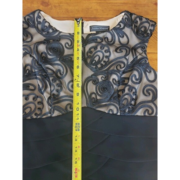 Jessica Howard Dress Women 6 Black Nude Lace Floral Cord Ruffle Sheath Formal - Picture 11 of 14